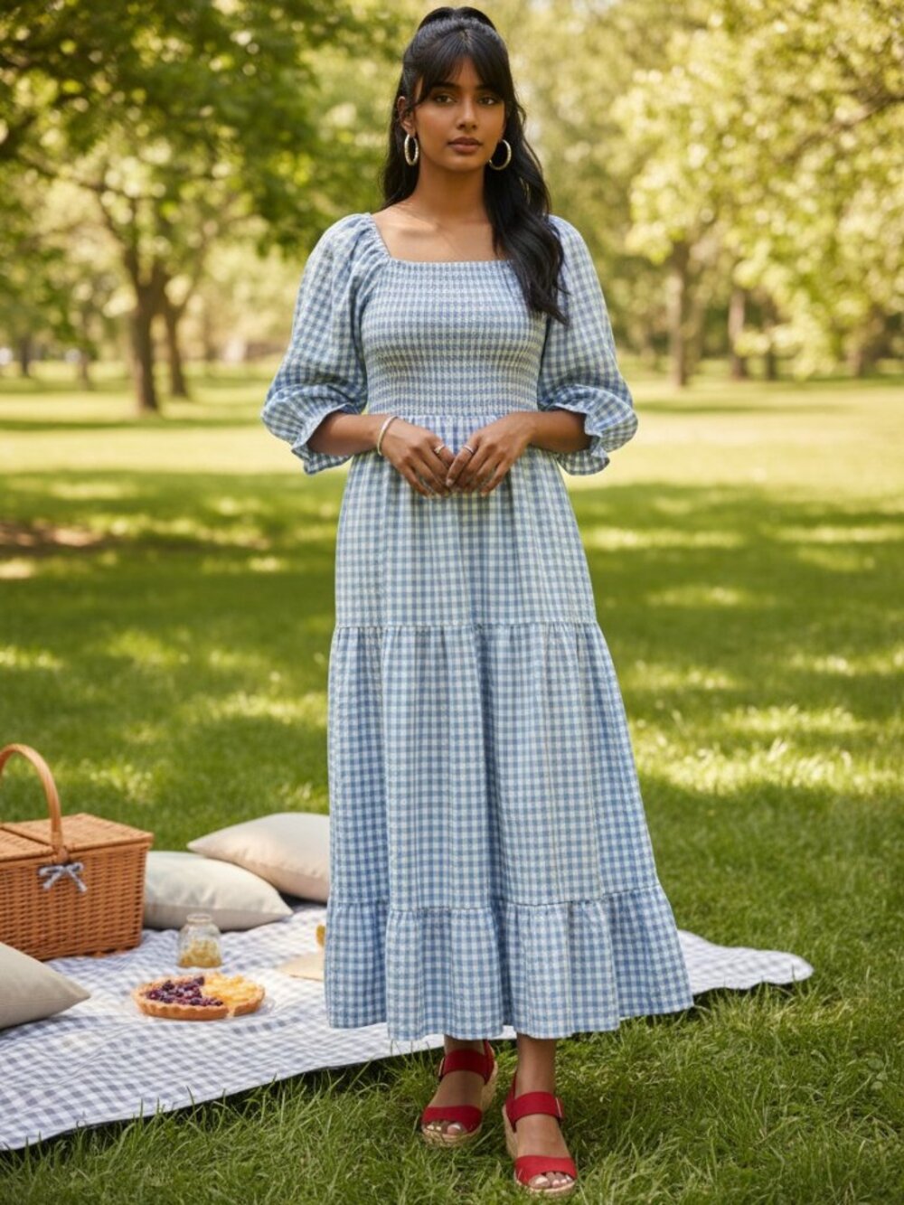 Blue White Gingham Smocked Maxi Dress Puff Sleeve Tiered Cottagecore